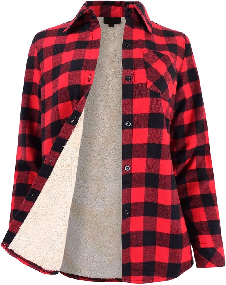 Ladies' Code Women's Winter Flannel Plaid Button Down Top with Sherpa Fleece Lining | Amazon (US)