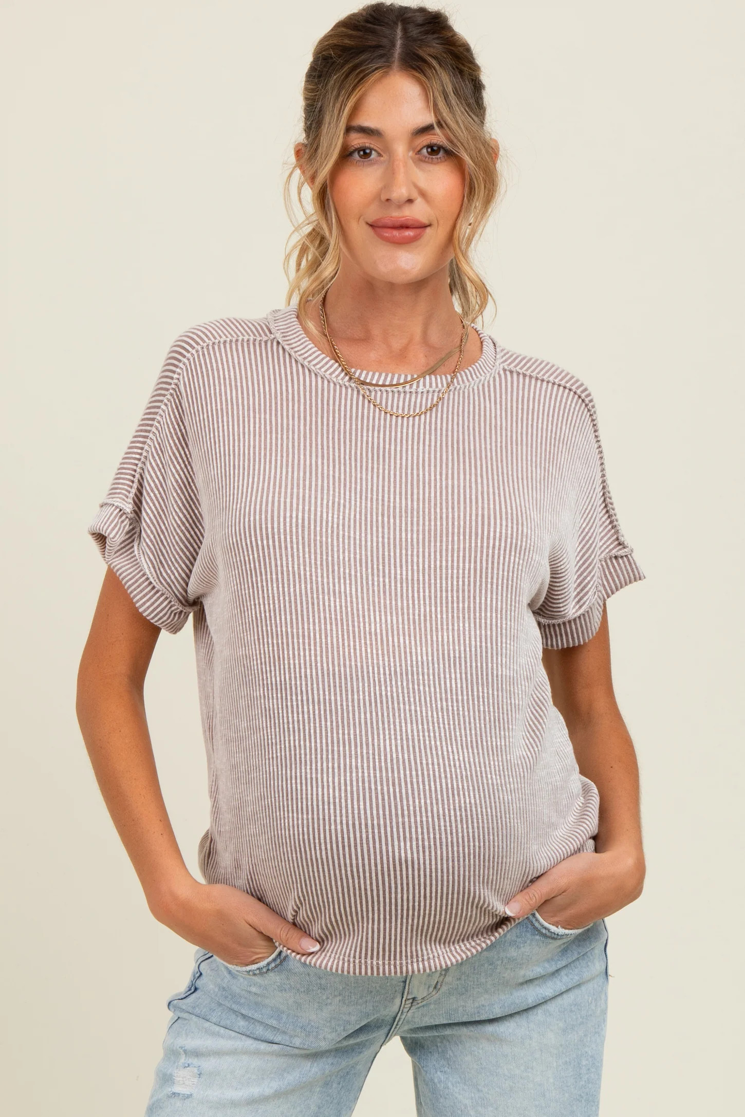 Taupe Ribbed Exposed Seam Maternity Short Sleeve Top | PinkBlush Maternity