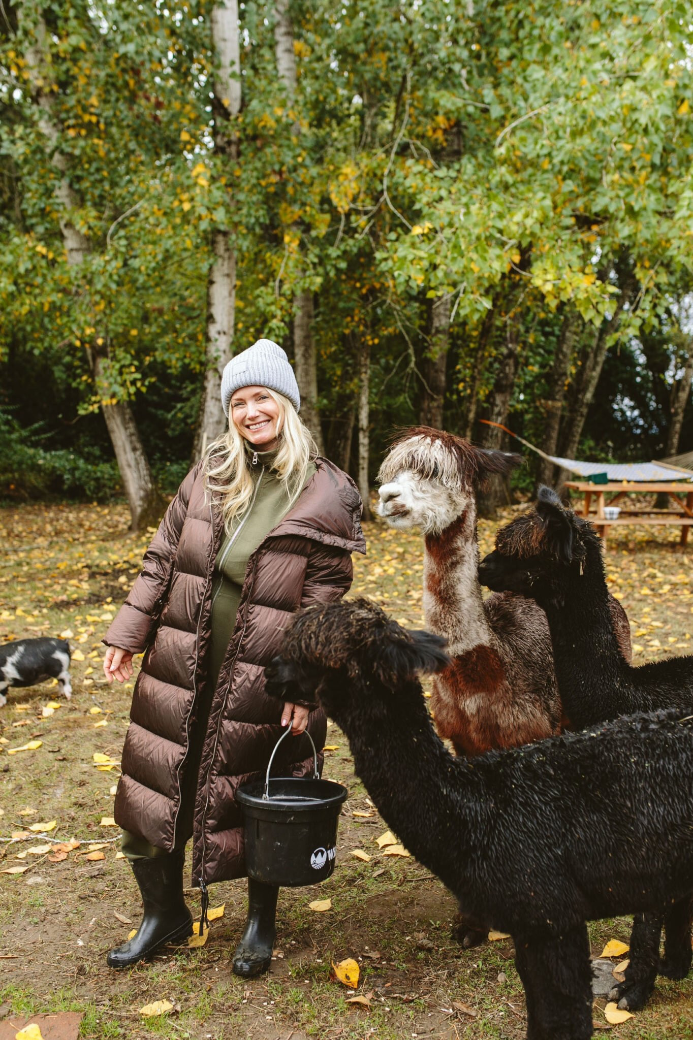 LOVE this chocolate brown slightly metallic puffer. I mean, for a puffer it is SO GOOD and feels incredibly lightweight and so soft. I’m wearing a small here, but I ended up returning for an XS (Varley runs a little big, FYI) so in that brand I wear medium in leggings (because I always like them not crazy tight) and then XS small in tops and coats. Why is sizing so confusing these days online?? (As you can see the alpacas and piggies are complementing my fall color palette – Bert might need a bang cut.)

#LTKGiftGuide #LTKSeasonal #LTKstyletip