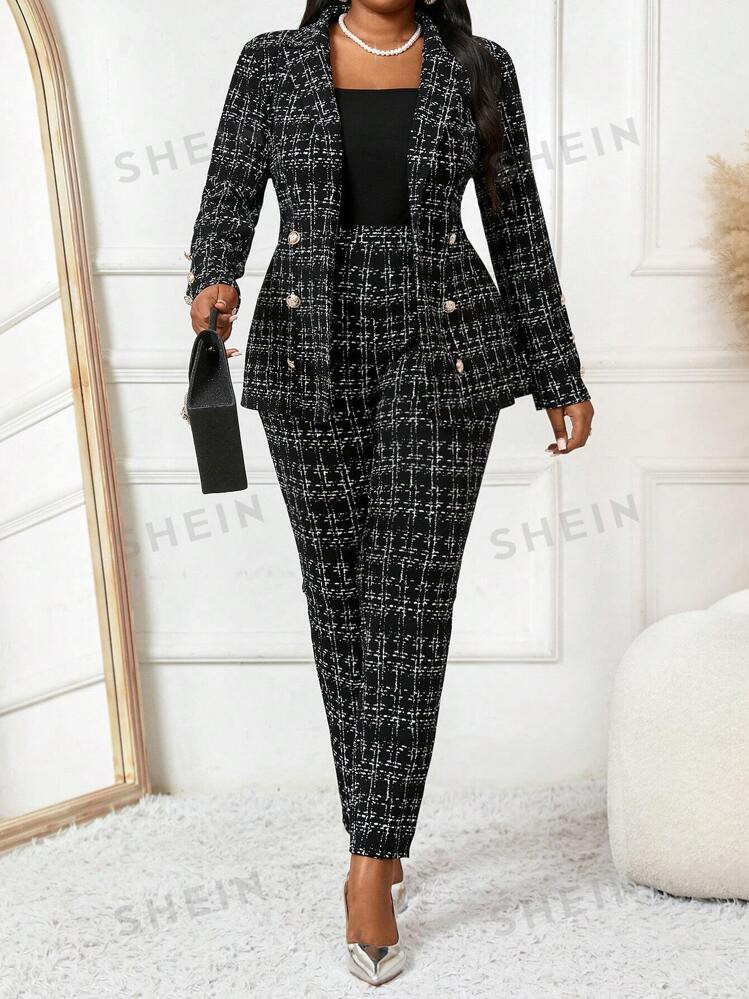 SHEIN Lady Autumn And Winter Elegant Black Knitted Lapel Button Long Sleeve Plus Size Fluffy Coat... | SHEIN