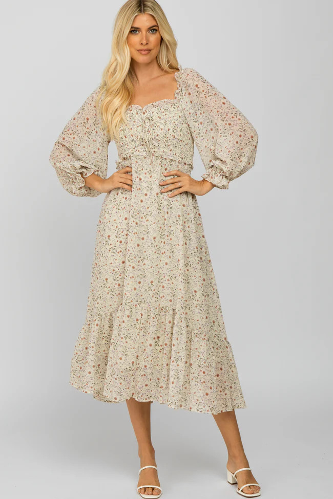 Ivory Floral Smocked 3/4 Sleeve Dress | PinkBlush Maternity