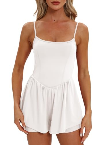 Beaully Women's Summer Casual Sleeveless Rompers Fitted Spaghetti Strap Shorts Overalls Jumpsuit 6110 White M | Amazon (US)