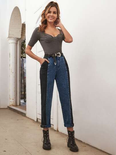 Two Tone Pocket Side Mom Jeans Without Belt | SHEIN