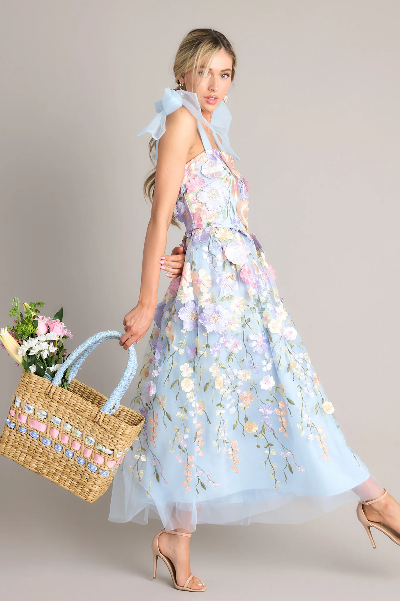 Spirit of Spring Light Blue Floral Embroidered Maxi Dress | Red Dress