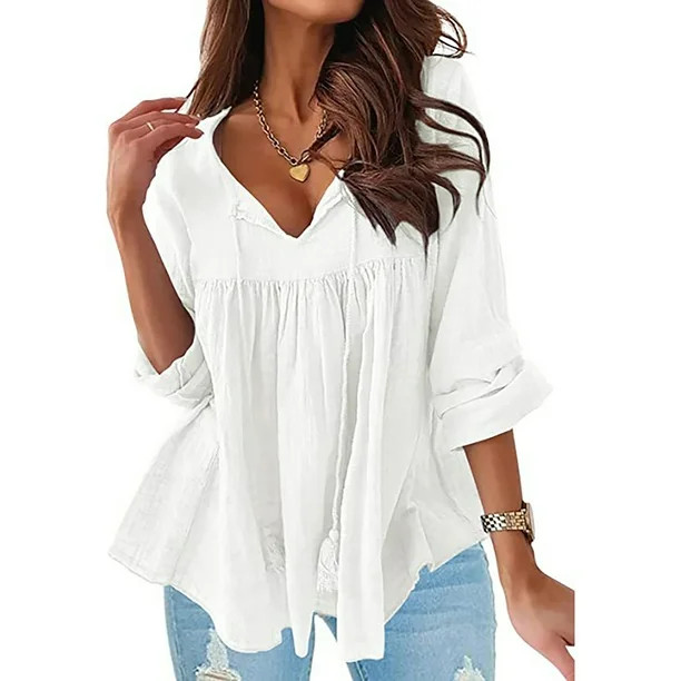 Frontwalk Women Cotton Linen Tops Casual Loose V Neck Long Sleeve T Shirt Ruched Drawstring Blous... | Walmart (US)