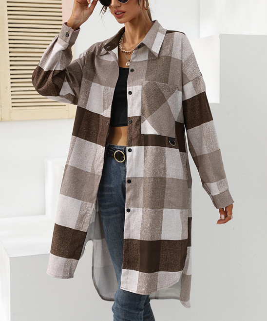 Danqi Women's Non-Denim Casual Jackets Camel - Camel & Brown Buffalo Check Pocket Long Shacket - Wom | Zulily