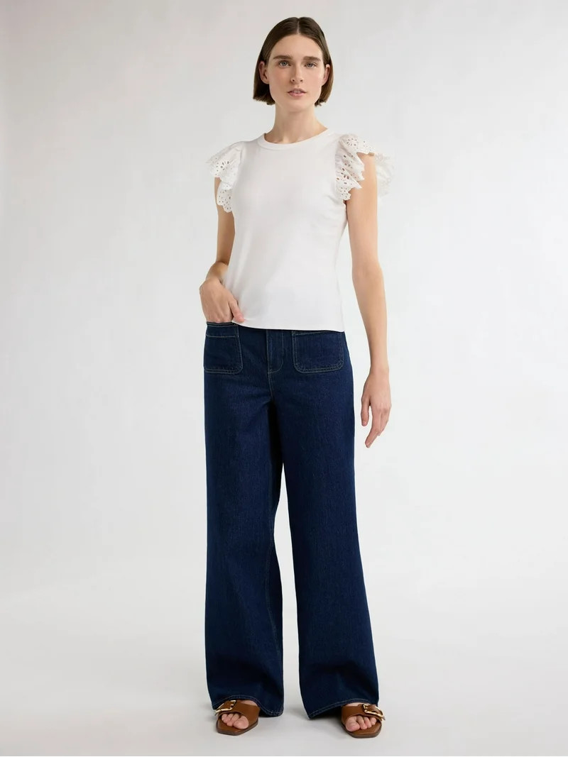 Free Assembly Women's and Women's Plus Eyelet Flutter Sleeve Tee, Sizes XS-4X | Walmart (US)