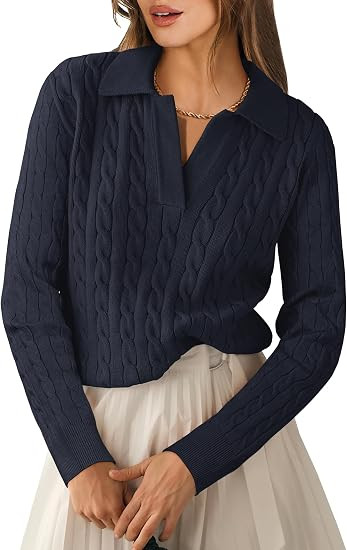 ANRABESS Womens Cable Knit Sweaters Long Sleeve Polo Fall Outfits | Pullover Collared V Neck Swea... | Amazon (US)
