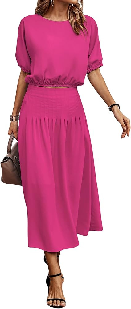 ECOWISH Women's Dresses 2023 Two Piece Outfits for Women Summer 2 Piece Dress Pleated Midi Skirt ... | Amazon (US)