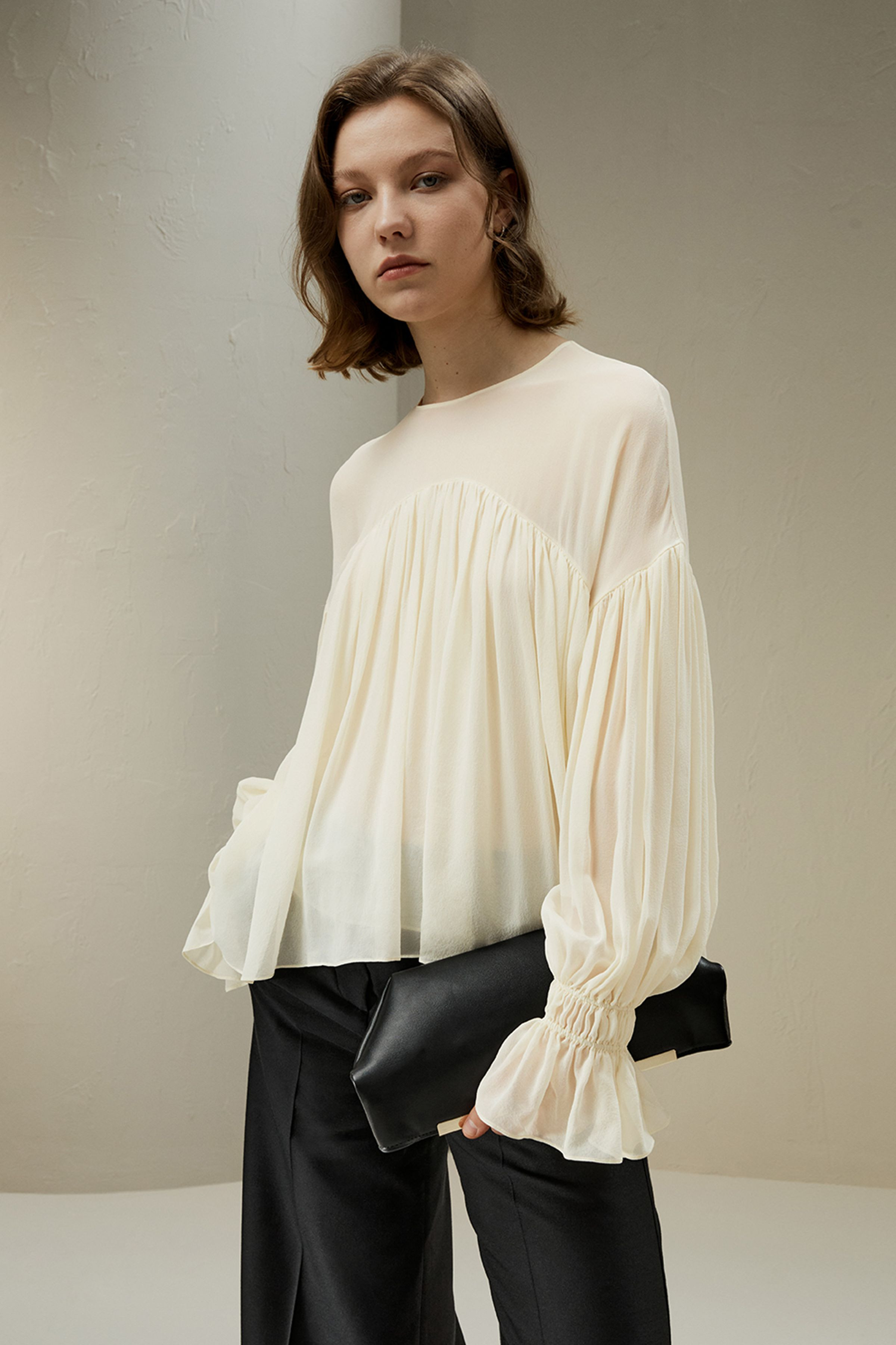 Sheer-shoulder Ruffle Shirt | LILYSILK