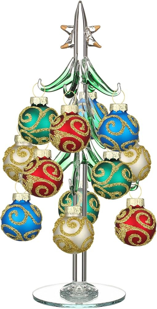 Glass Christmas Tree with 12 Ornament Balls Wine Glass Charms Holiday Themed Glass Christmas Tree... | Amazon (US)