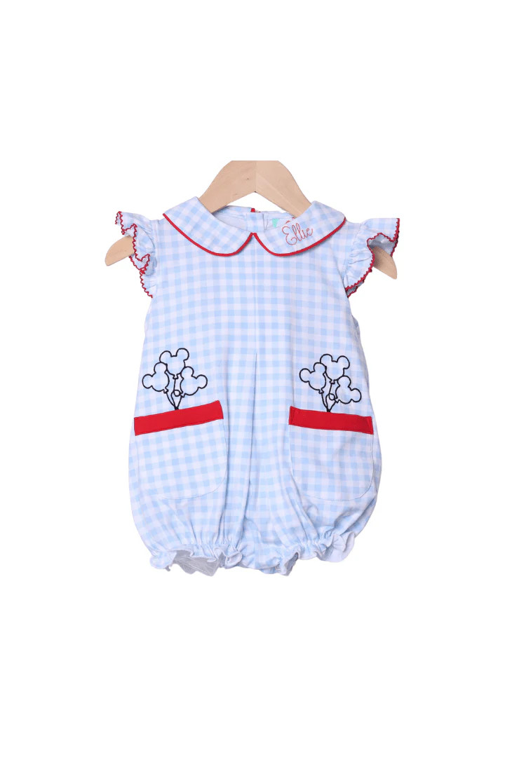 Embroidered Magical Balloon Blue Gingham Knit Bubble | The Smocked Flamingo