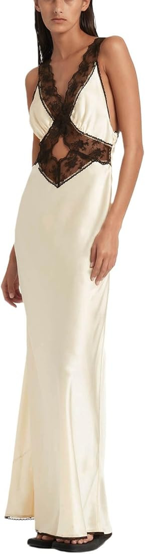 Lace Patchwork Maxi Dress Sexy Backless Straps Long Y2k Dresses Dress Streetwear Spaghetti Bodyco... | Amazon (US)