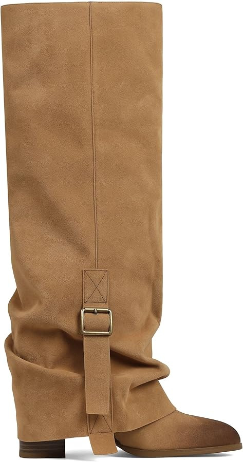 Wide Calf Knee High Boots For Women Fold Over Slouchy Round Toe Buckle Tall Shoes | Amazon (US)