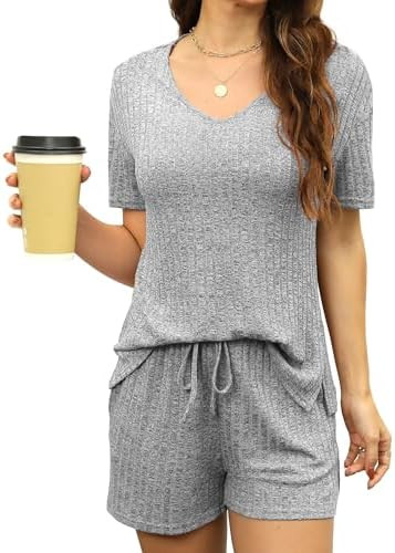 YOGINGO Womens Pajama Sets V Neck Ribbed Knit Lounge Sets Sleepwear Short Sleeve Matching Pjs Two... | Amazon (US)