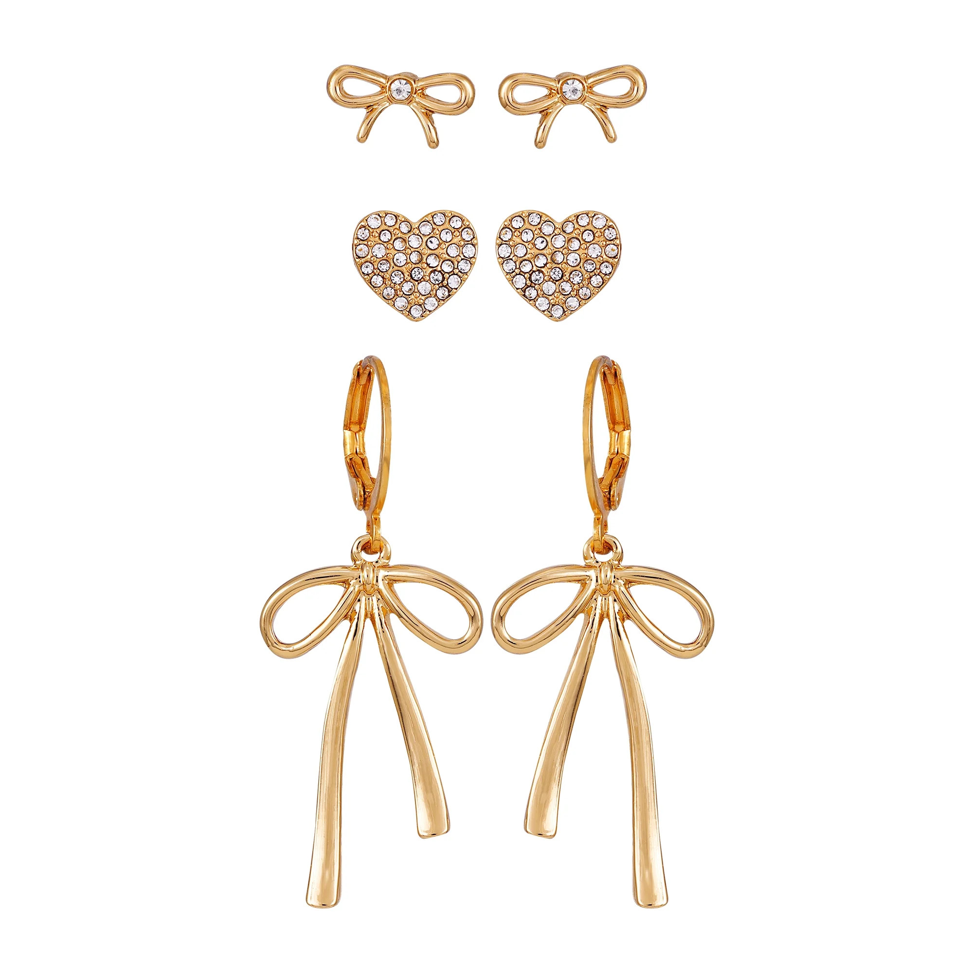 Time and Tru Women's Goldtone Trio Heart and Bow Themed Earrings | Walmart (US)