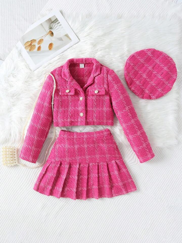 Tween Girl Plaid Print Flap Detail Tweed Jacket & Pleated Skirt & Hat | SHEIN