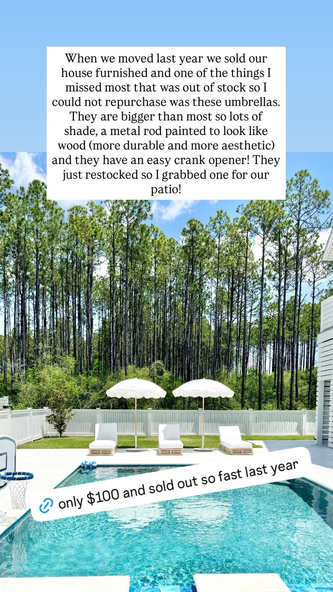 When we moved last year we sold our house furnished and one of the things I missed most that was out of stock so I could not repurchase was these umbrellas. They are bigger than most so lots of shade, a metal rod painted to look like wood (more durable and more aesthetic) and they have an easy crank opener! They just restocked so I grabbed one for our patio!