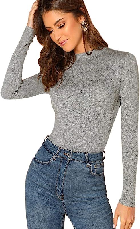 Verdusa Women's Basic Mock Neck Slim Fitted Long Sleeve Pullovers Tee Tops Grey S | Amazon (US)