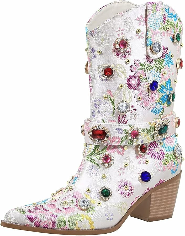 Flower Embroidered Cowboy Boots For Women Rhinestone Western Ankle Boots Pointed Toe Chunky Heel ... | Amazon (US)