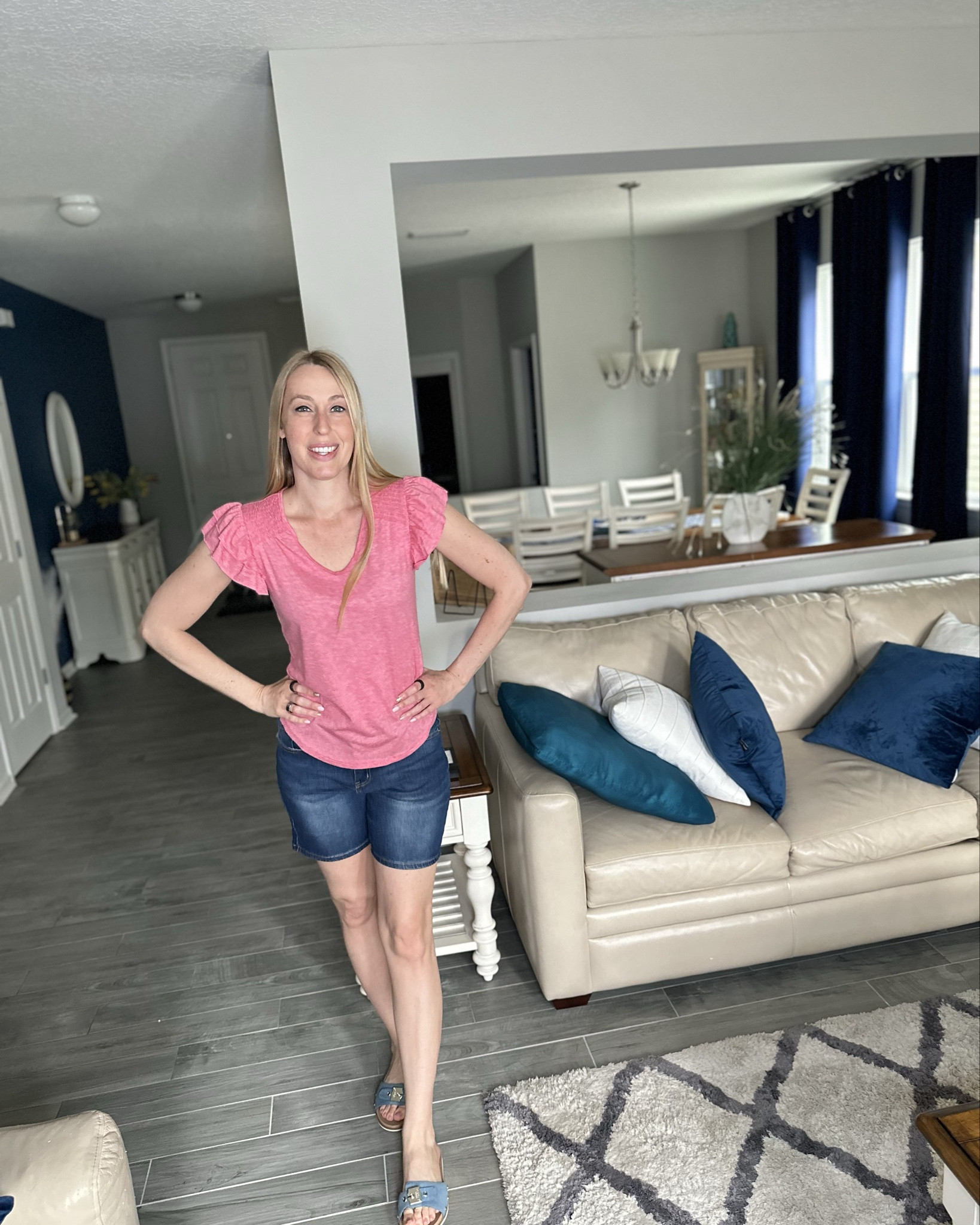 Ruffle shoulder T-shirt and shorts 
💓i love the stretch and loose fit of this top
💓can dress it up or down 
💓 wearing size small, fits true to size and I am 5’10”

#LTKFindsUnder50 #LTKStyleTip #LTKWatchNow