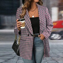 Plus Size Women's Checkered Notched Collar Long Sleeve Casual Blazer Jacket, Autumn | SHEIN