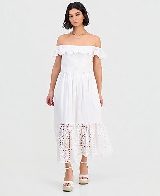 Women's Off-The-Shoulder Flounced Smocked Midi Dress | Macy's