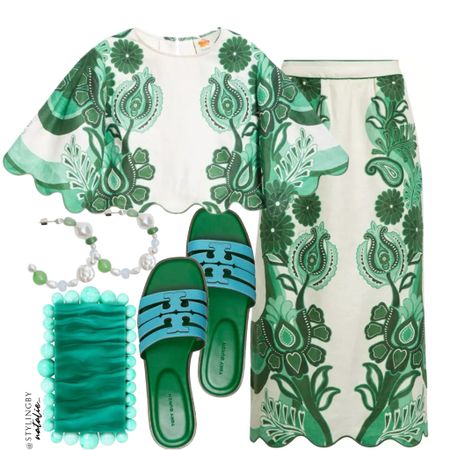 Farm Rio green botanical print crop top and midi skirt co-ord set, Tory Burch sandals, clutch, hoop earrings.
Summer outfit, going out outfit, holiday outfit, vacation outfit, green outfit.

#LTKSeasonal #LTKtravel #LTKstyletip