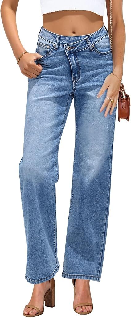 GRAPENT Baggy Jeans for Women High Waisted Straight Leg Crossover Trendy Stretch Denim Pants Slou... | Amazon (US)