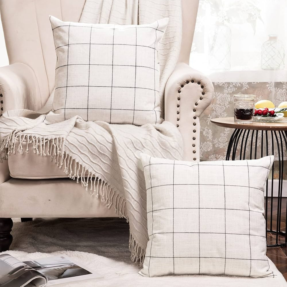 Basic Model Set of 2 Plaid Throw Pillow Covers Modern Farmhouse Decorative Square Linen Pillow Ca... | Amazon (US)