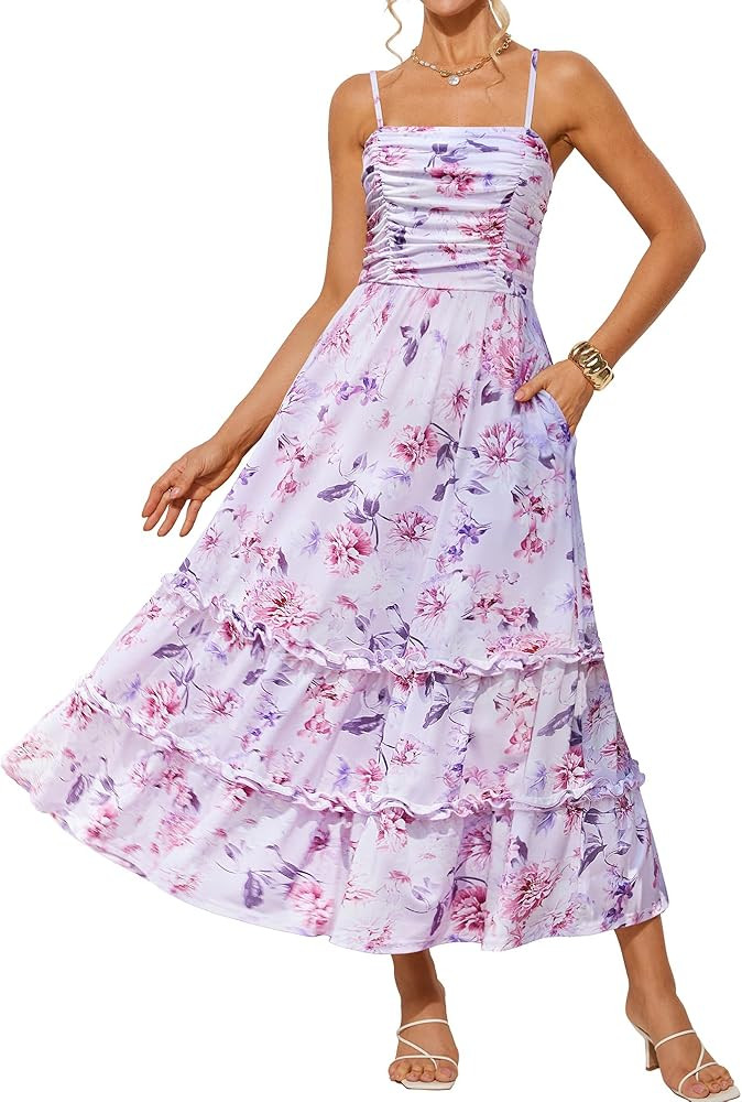 GRACE KARIN 2025 Women's Summer Floral Maxi Dress Casual Sleeveless Ruffle Tiered Wedding Guest F... | Amazon (US)