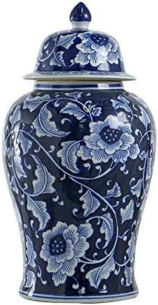 A&B Home 18" Porcelain Decorative Jar with Lid Blue White Floral Print Vase Ginger Jar Centerpiec... | Amazon (US)