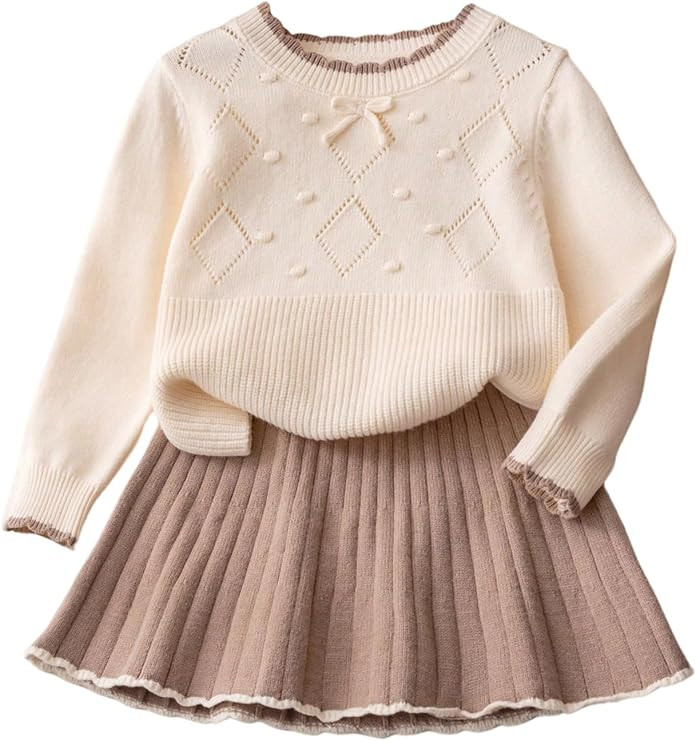 SHENHE Girl's 2 Piece Fall Outfits Crewneck Bow Sweater and Pleated Knit Flare Mini Skirt Set | Amazon (US)