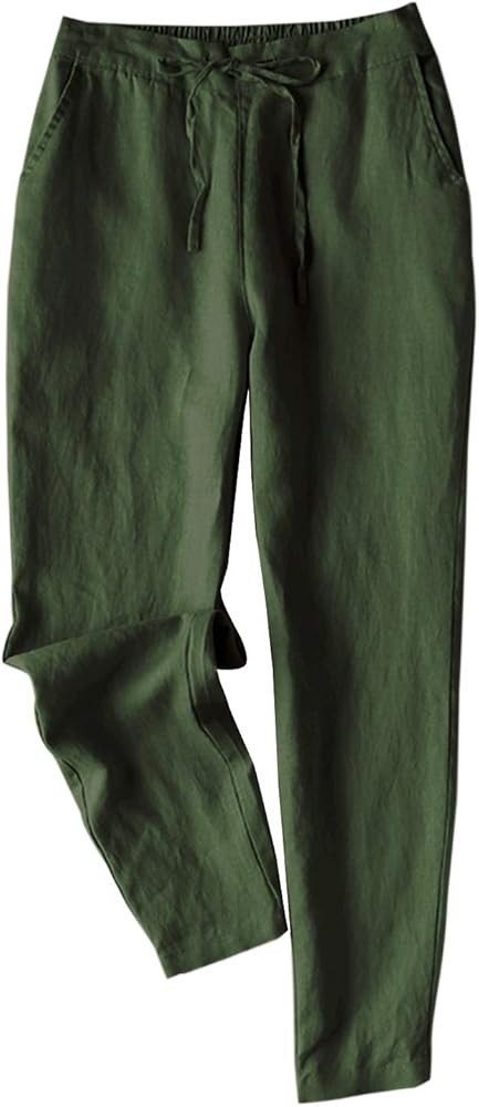 IXIMO Women's Tapered Pants 100% Linen Drawstring Back Elastic Waist Ankle Length Pants | Amazon (US)
