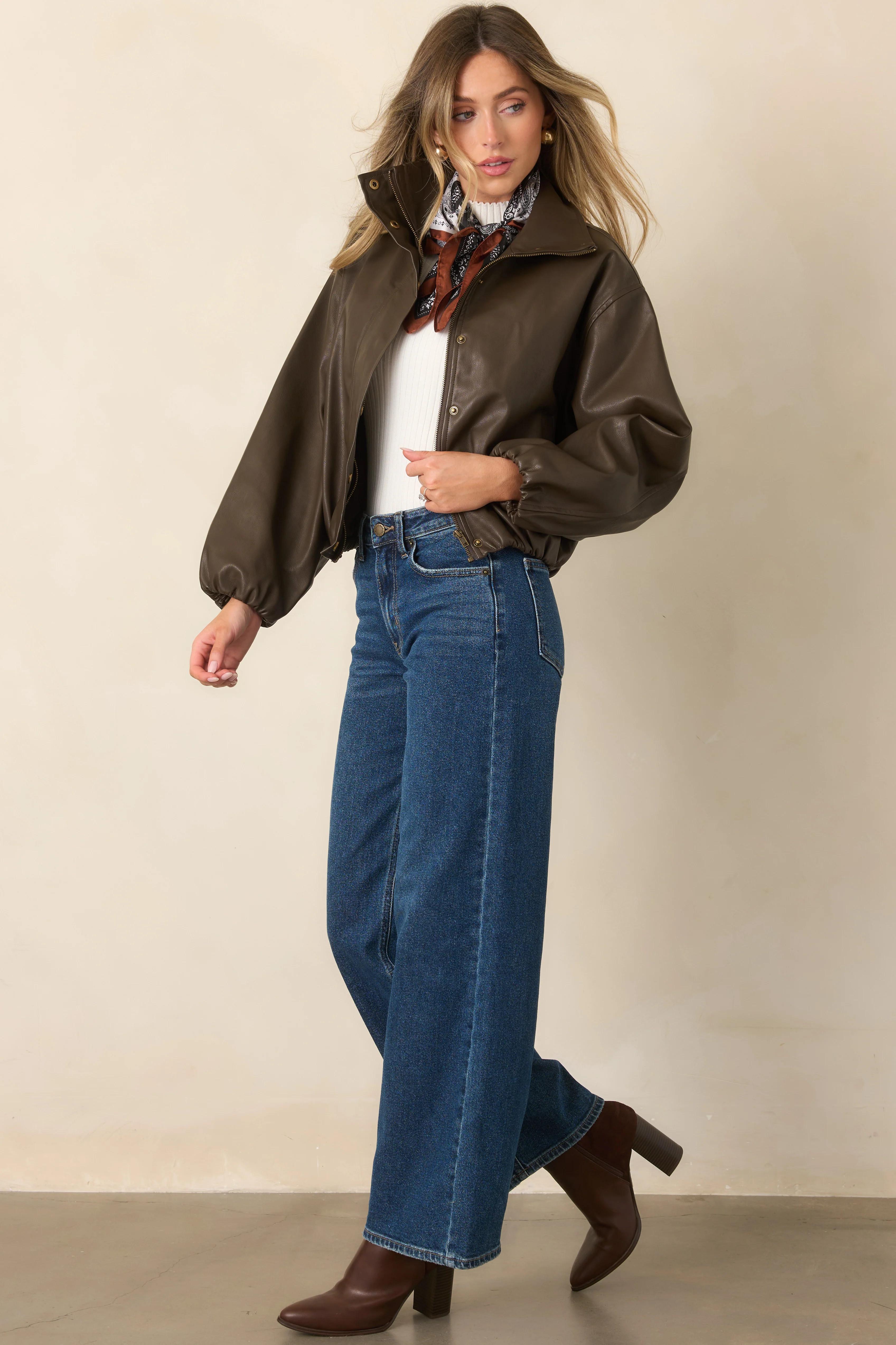 Let\u2019s See Where This Goes Espresso Brown Faux Leather Bomber Jacket | Red Dress