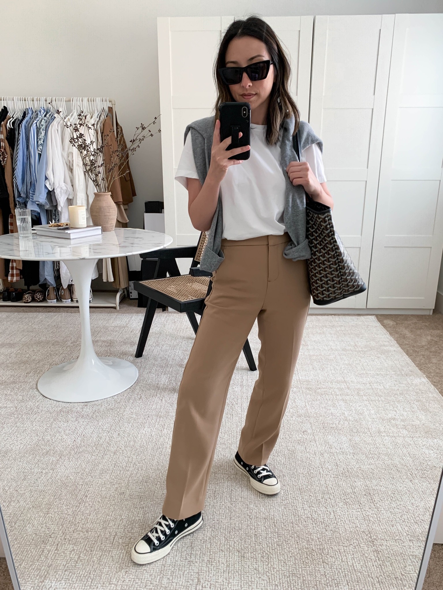 The Kate trousers in heather saddle. These are amazing. Love the fit. Run TTS. 

Tee - Everlane medium
Trousers - J.crew petite 0
Sneakers - converse 5
Tote - Goyard 
Sweater - Jenni Kayne xs 
Sunglasses - YSL