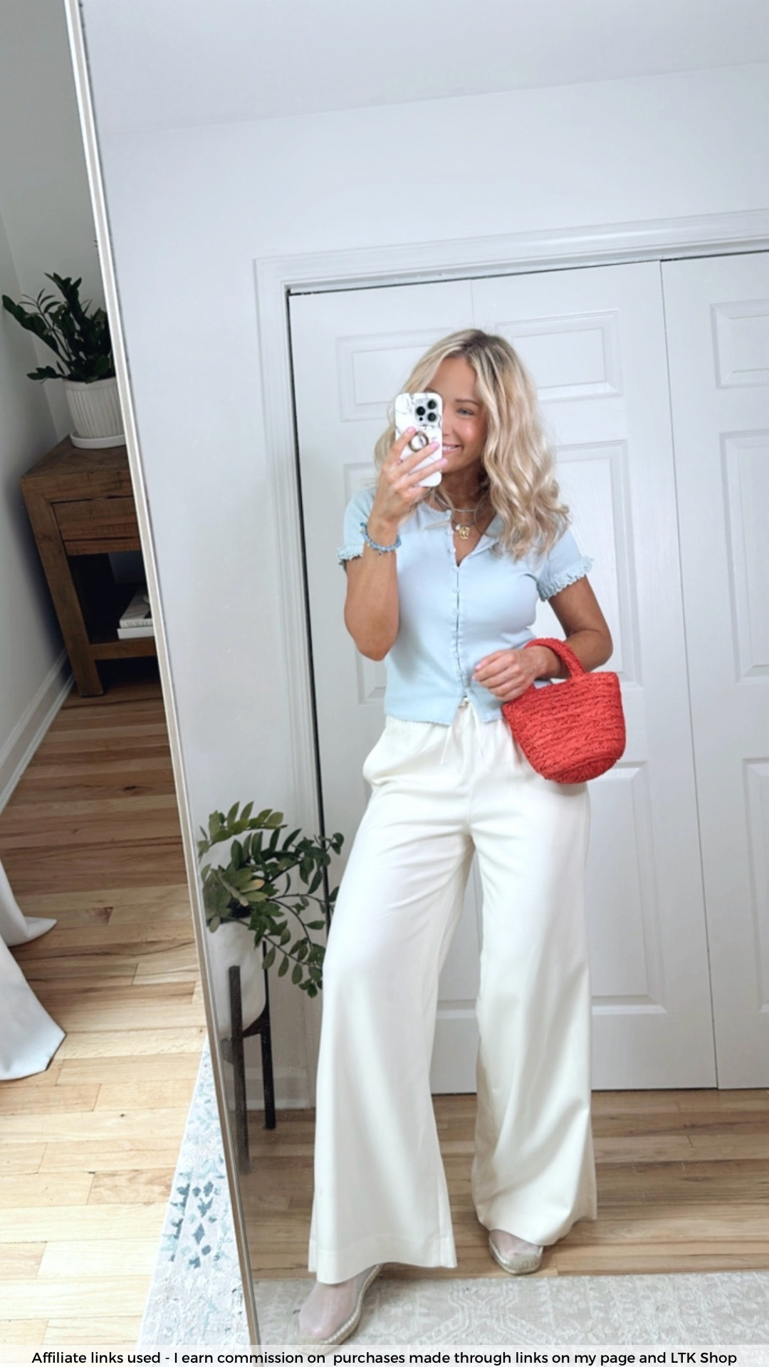 Elevated causal summer outfits
Baby blue summer top
Cream wide leg lounge pants 
Espadrille flats 
