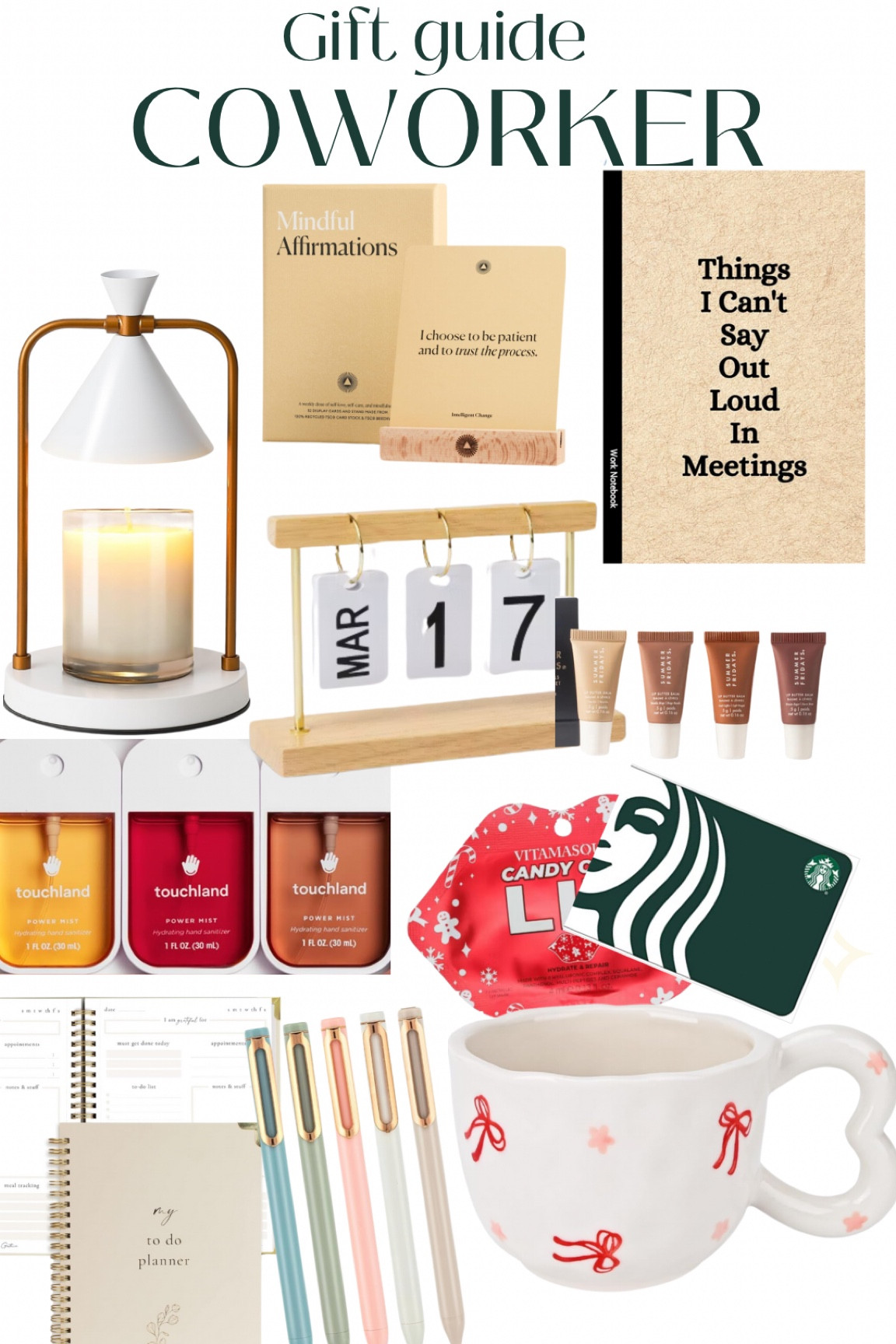 Coworker Gift guide - hand sanitizer - bow coffee mug - affirmation cards - candle warmer - daily planner - Sunday Riley lip balm 

#LTKSeasonal #LTKGiftGuide #LTKHoliday
