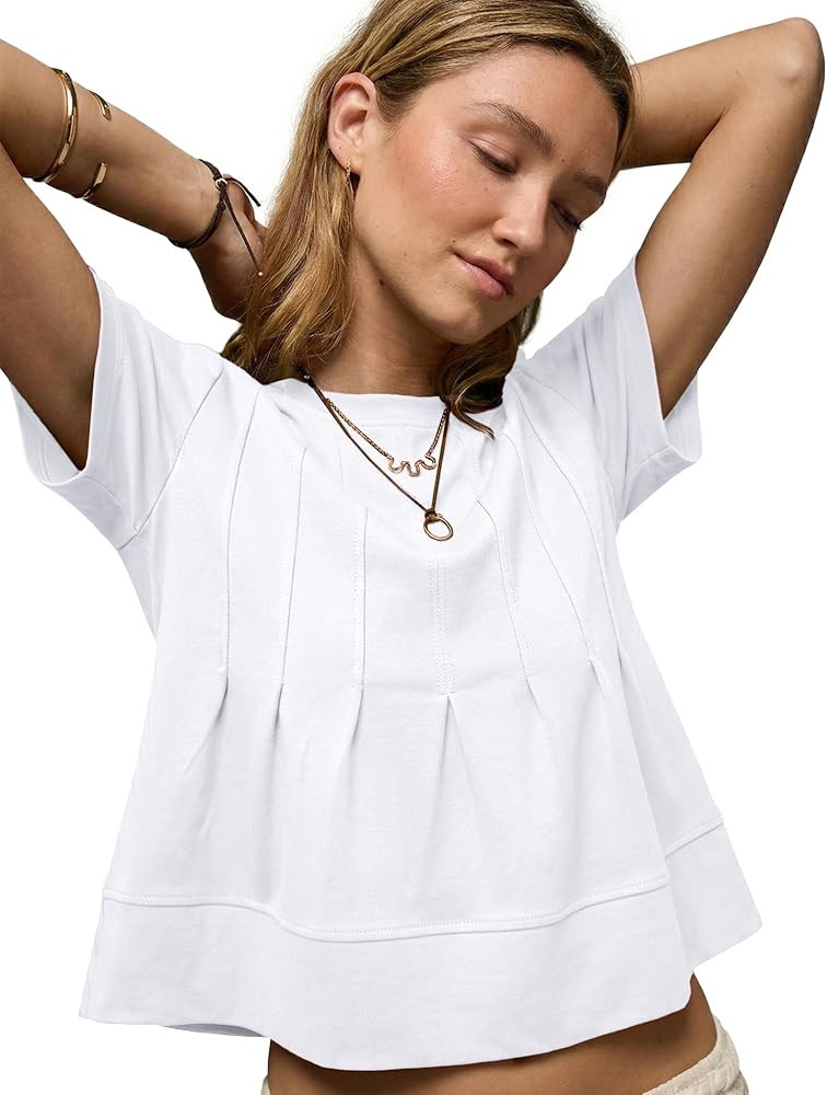 LOMON Spring Peplum Tops for Women Babydoll Pleated Short Sleeve Crop Swing Shirts Blouses Trendy... | Amazon (US)