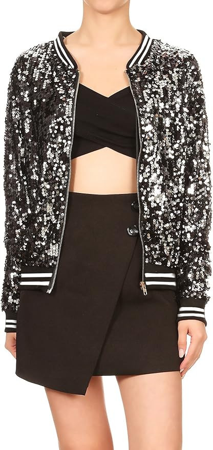Anna-Kaci Womens Sequin Long Sleeve Front Zip Jacket with Ribbed Cuffs | Amazon (US)