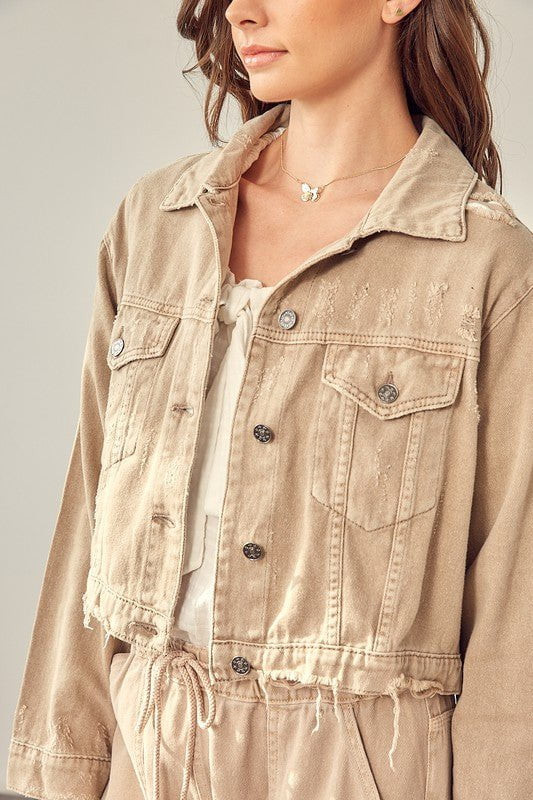 Cropped Raw edge Denim Jacket - Washed Taupe | Petal & Pup (US)