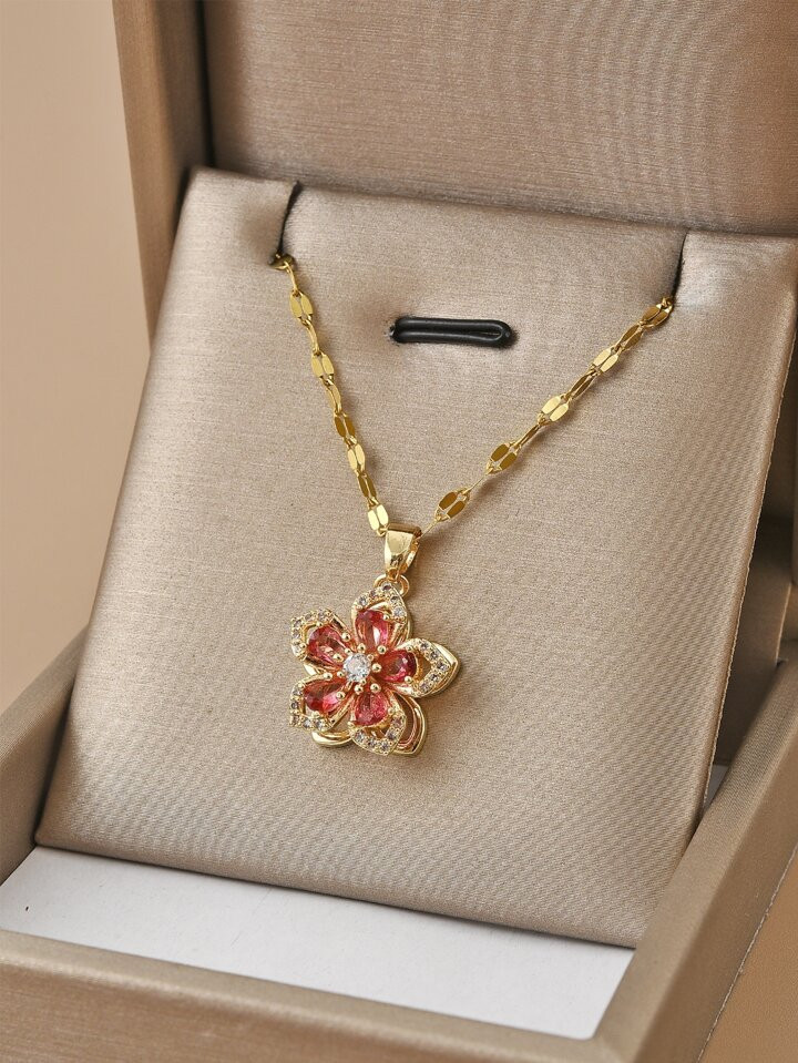 1pc Stainless Steel Rotating Five Petals Flower Shaped Pendant Necklace For Women | SHEIN