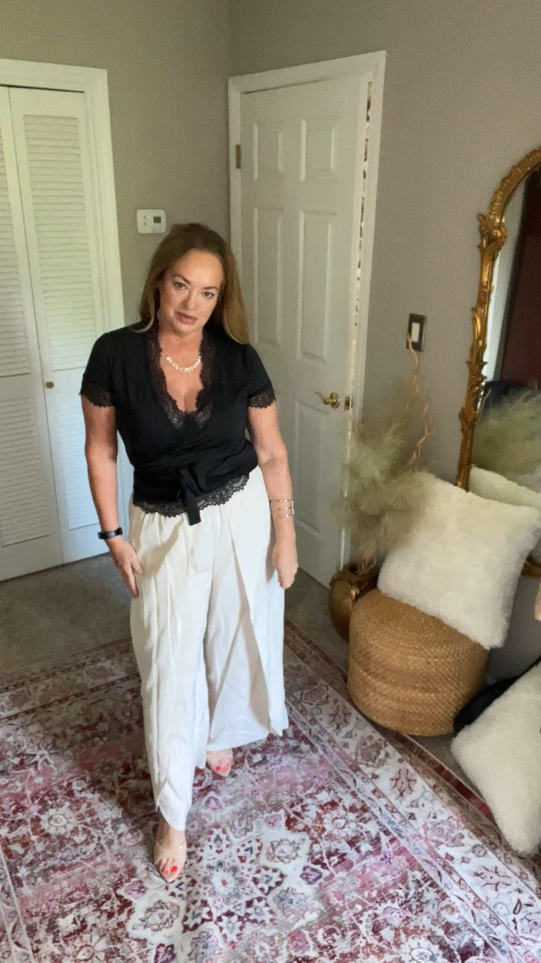 Beautiful knit lace trim blouse with tie  waist wrap design. Very figure flattering.

#LTKOver40 #LTKWorkwear #LTKgrwm