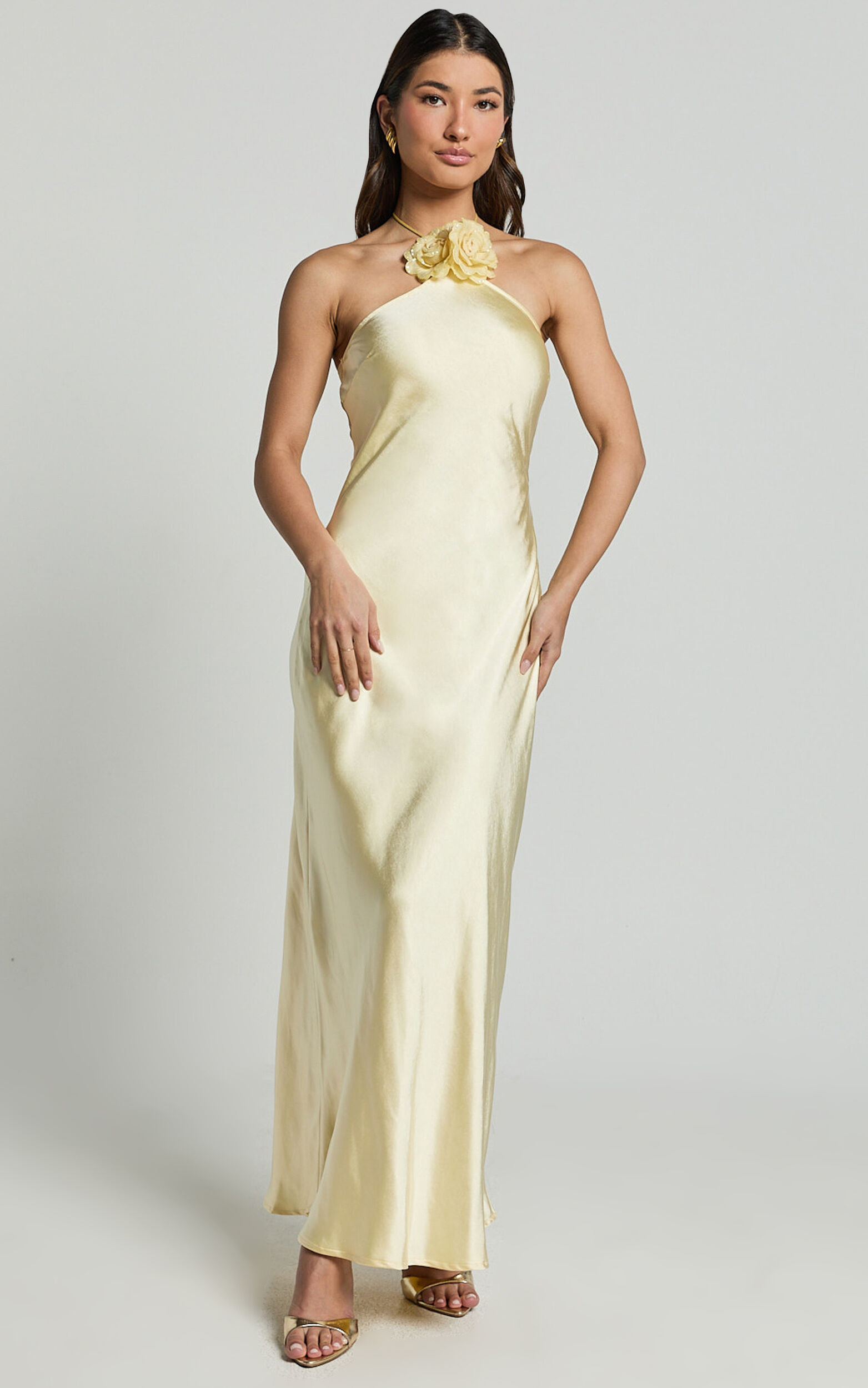 Keithy Midi Dress - Rosette Halter Neck Slip Dress in Lemon | Showpo (US, UK & Europe)