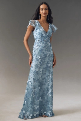 Mac Duggal Flutter-Sleeve Formal Appliqué Maxi Dress | Anthropologie (US)