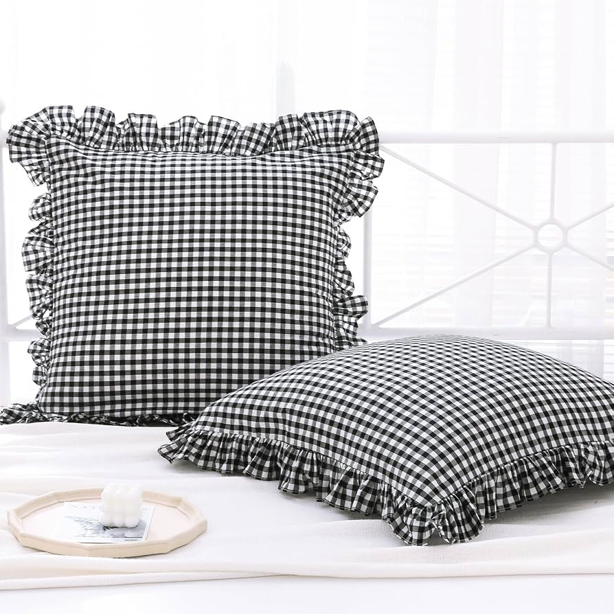 2 Pack Black and White Plaid Ruffle Euro Shams Pillow Covers 26x26 inches, Washed Cotton Gingham ... | Amazon (US)