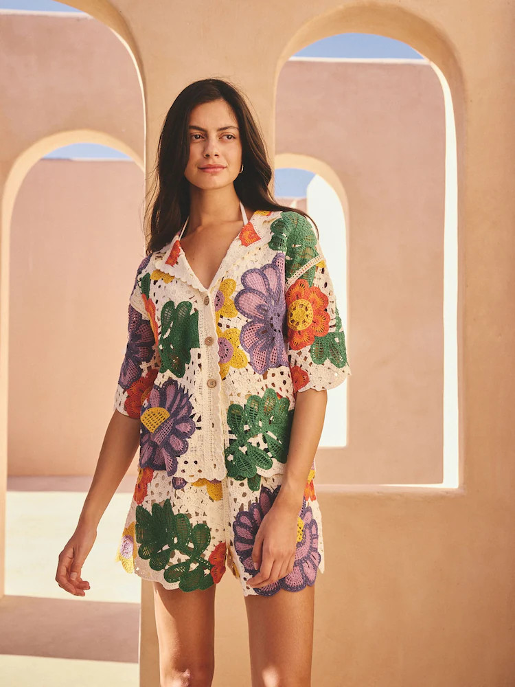 Multi Bright Floral Crochet Short Sleeve Collared Shirt | Next US
