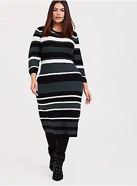 Green Multi Stripe Rib Sweater-Knit Bodycon Dress | Torrid