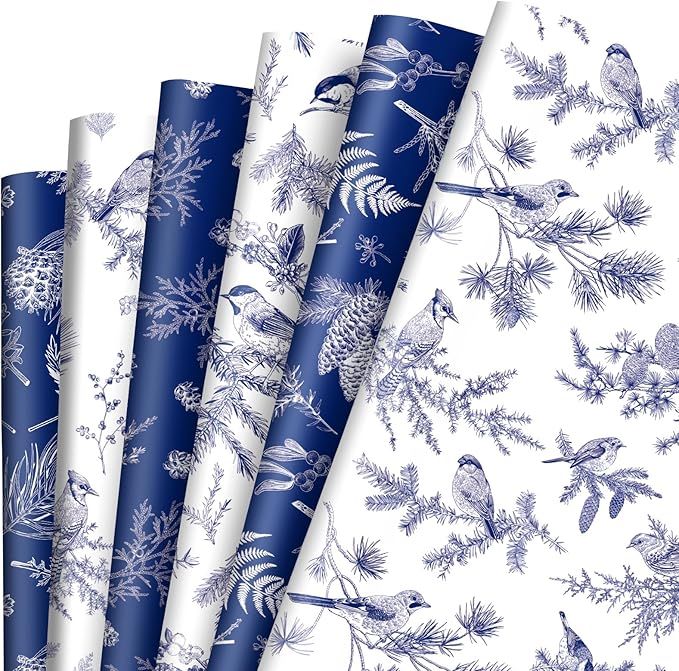 AnyDesign 12 Sheet Christmas Wrapping Paper Pine Birds Gift Wrap Paper Bulk Blue White Decorative... | Amazon (US)
