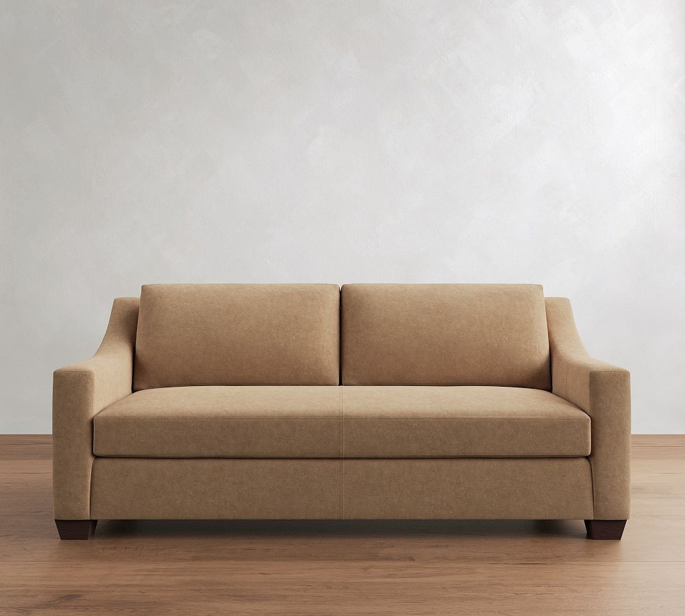 York Slope Arm Leather Sofa 80"" with Bench Cushion, Polyester Wrapped Cushions, Performance Roughout Suede Wheat | Pottery Barn (US)